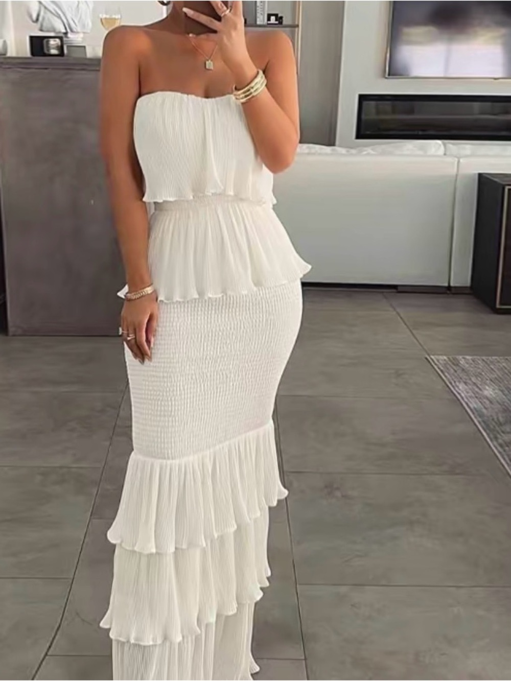 Strapless Cream Tiered Maxi Dress with Smocked Waist - Picture 3 of 3
